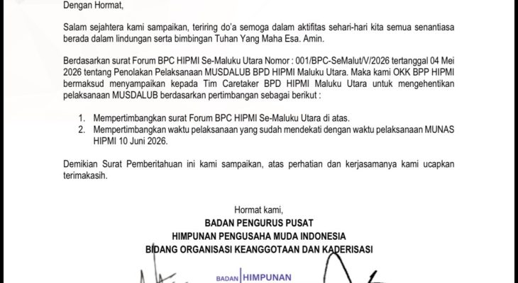 Dinilai Sarat Kepentingan, BPP Resmi Batalkan Musdalub HIPMI Malut